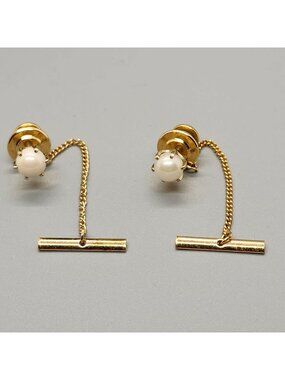 Gold-Tone Chain Pearl Collar Bar Studs For Men & Women